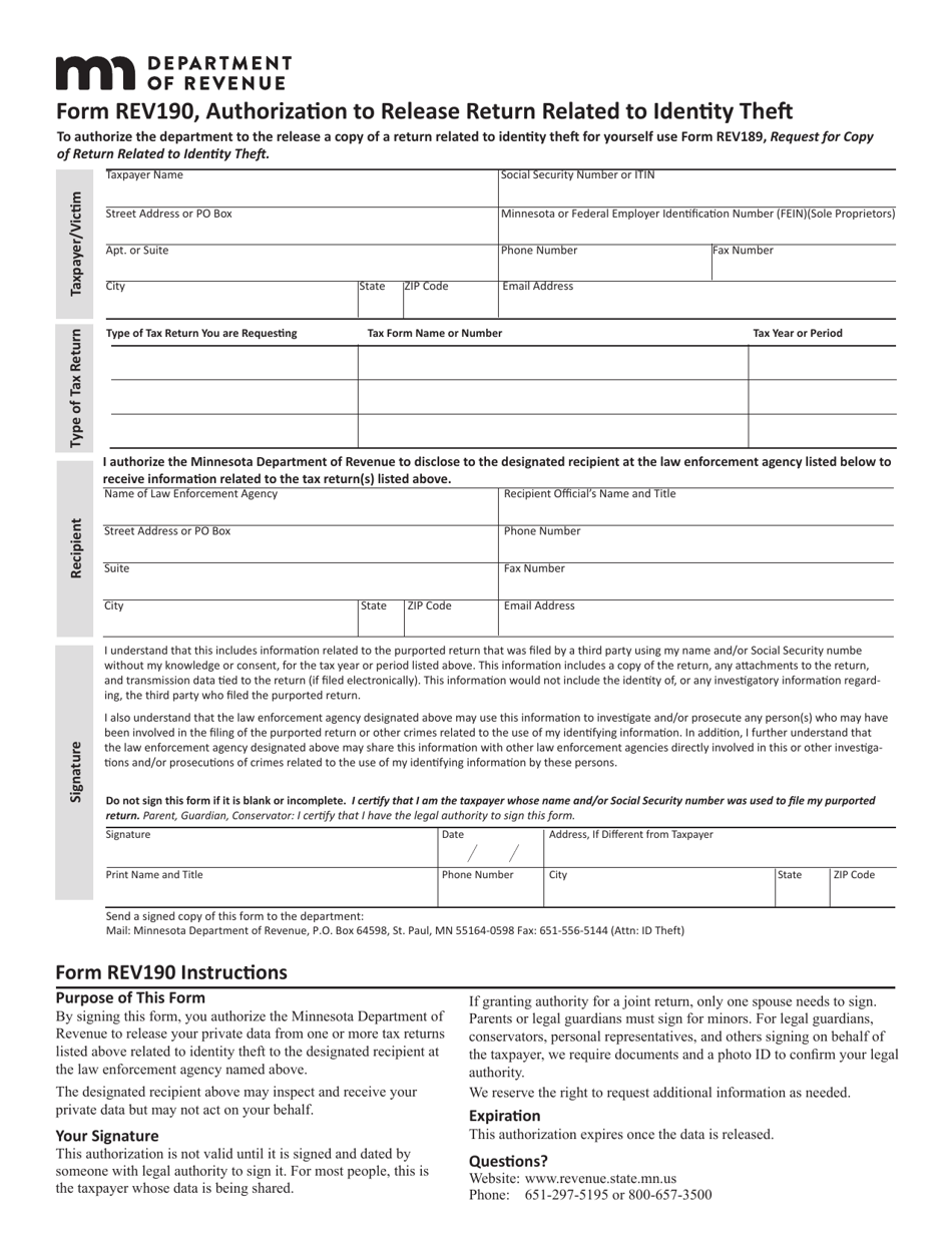 Form REV190 Authorization to Release Return Related to Identity Theft - Minnesota, Page 1