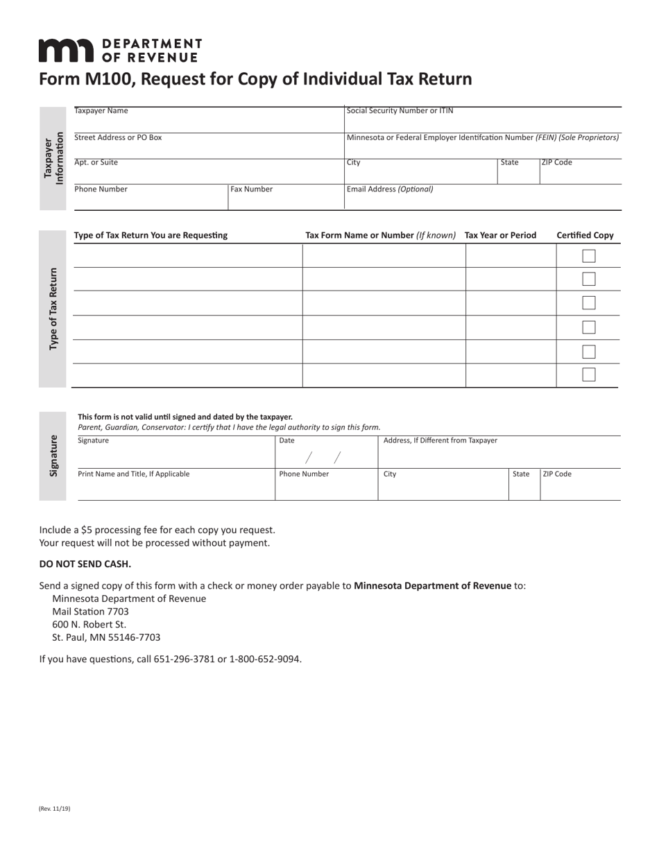 Form M100 Request for Copy of Individual Tax Return - Minnesota, Page 1