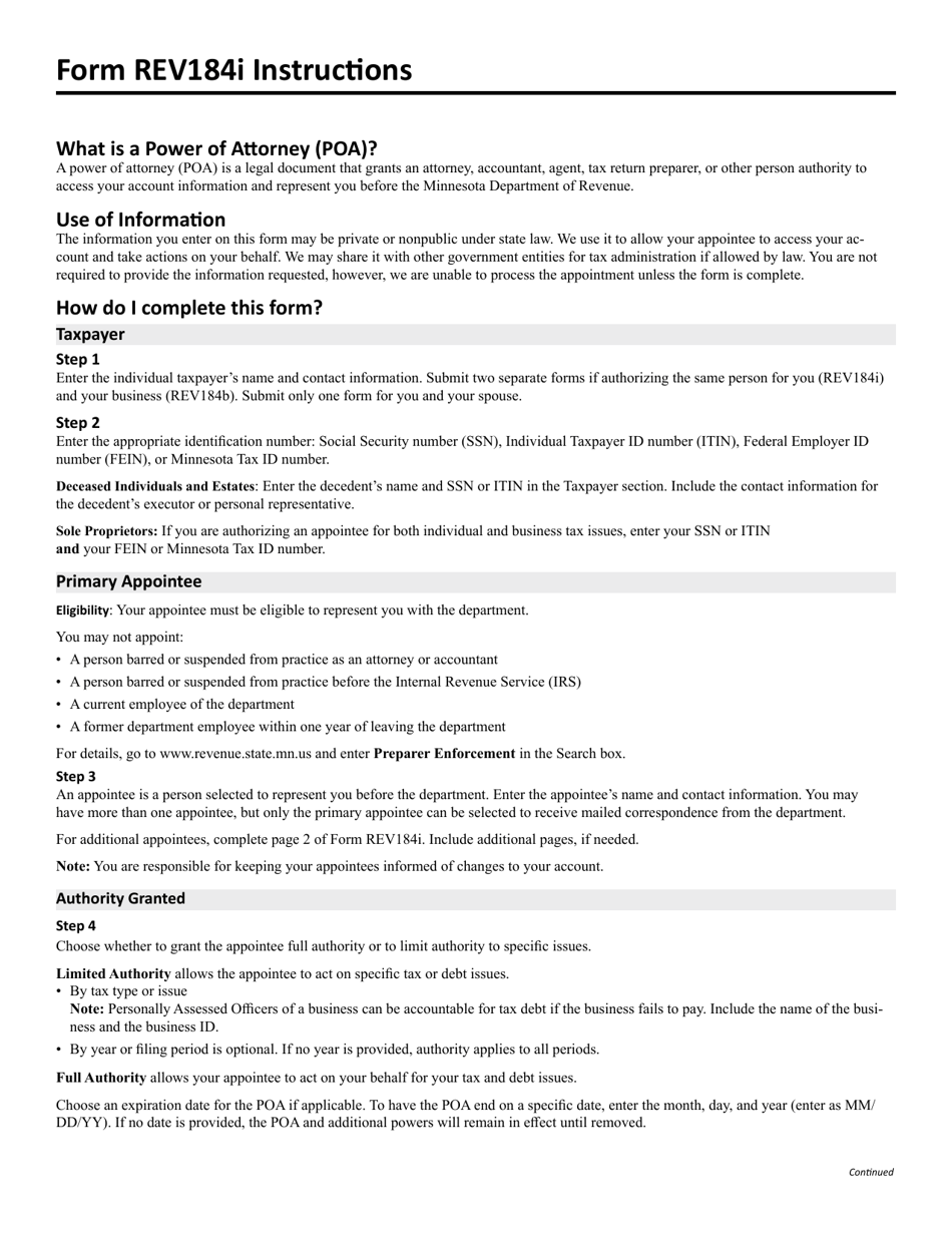 Form REV184I Individual or Sole Proprietor Power of Attorney - Minnesota, Page 3