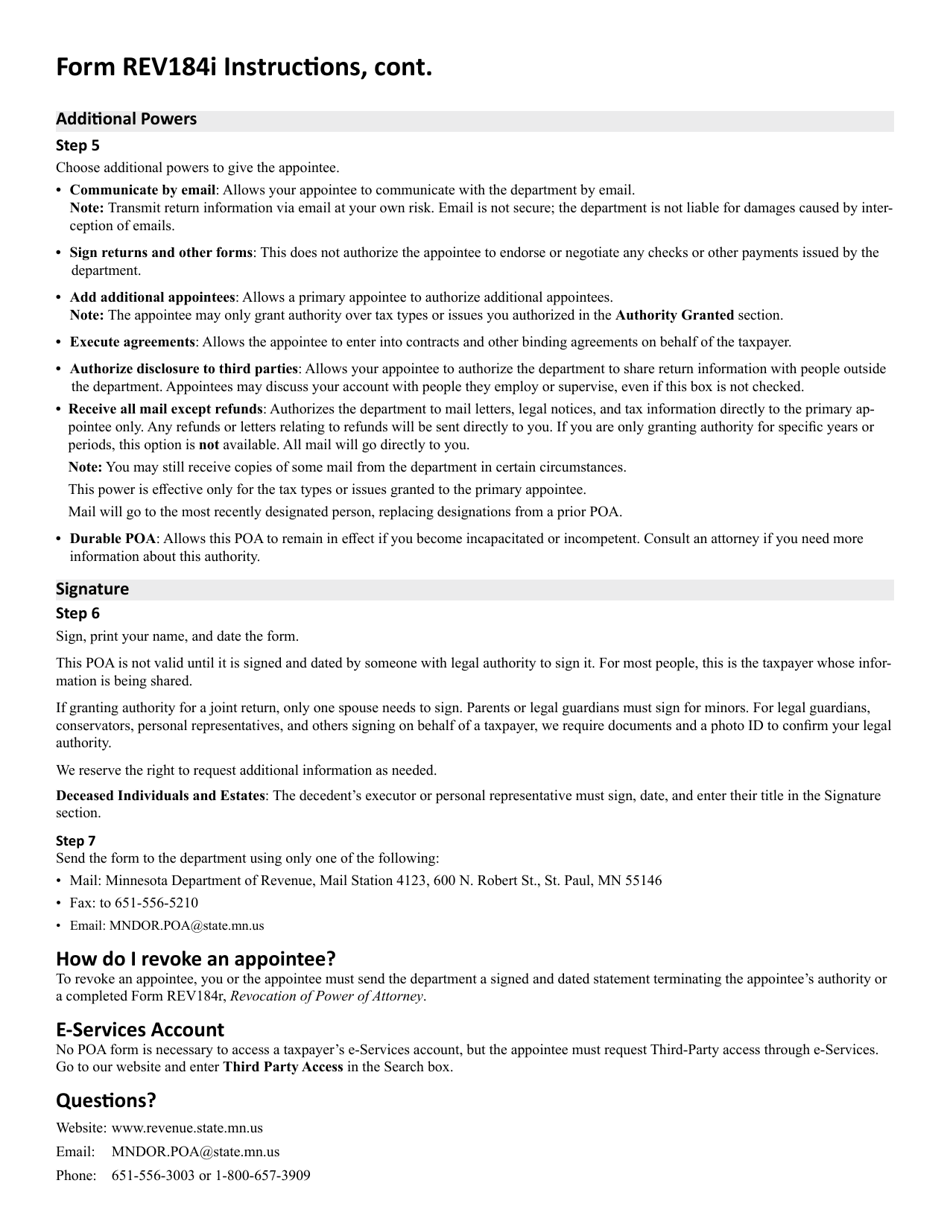 Form REV184I Individual or Sole Proprietor Power of Attorney - Minnesota, Page 4