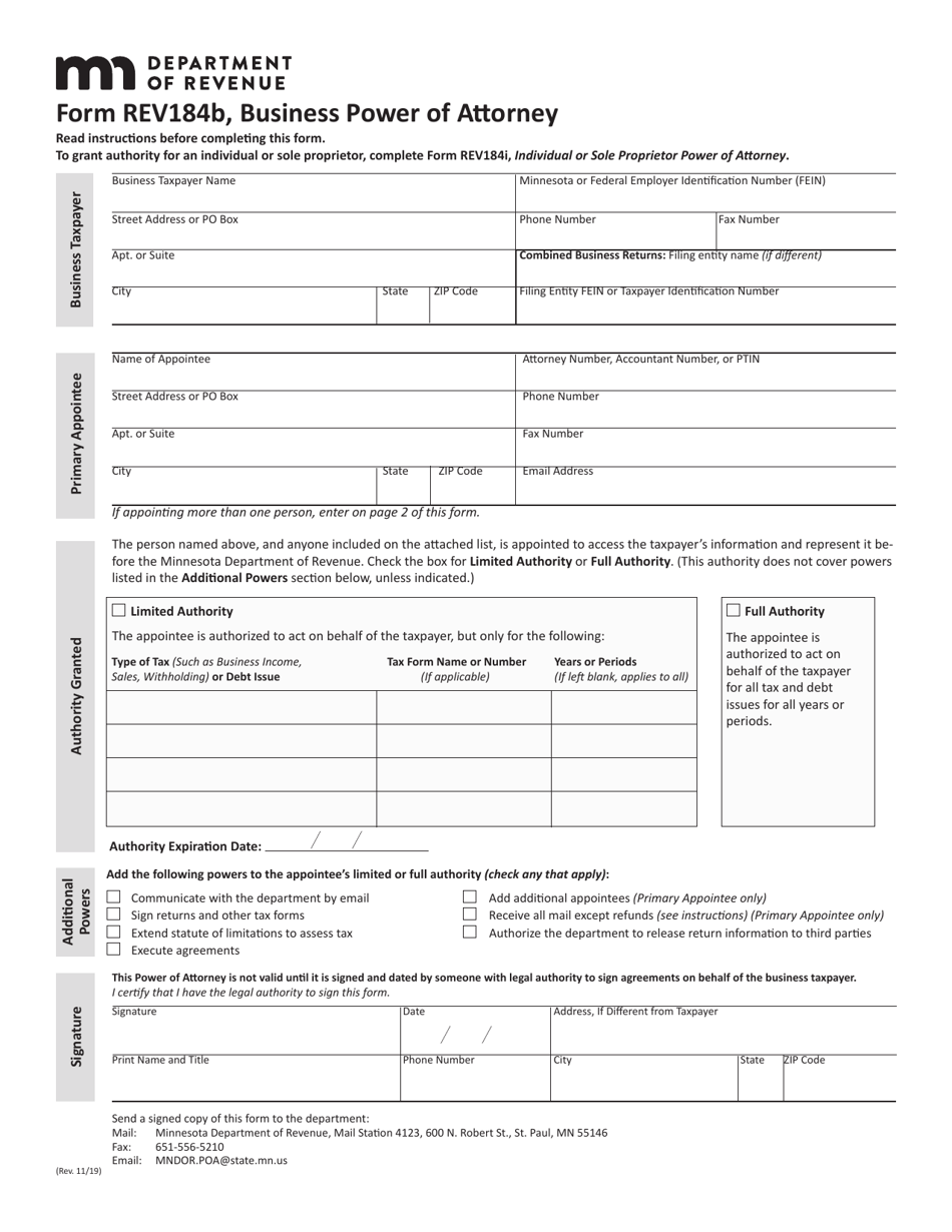 Form REV184B Business Power of Attorney - Minnesota, Page 1