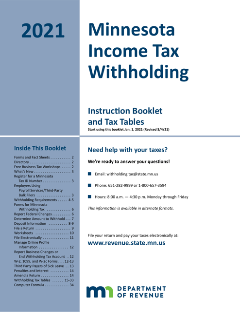Minnesota Income Tax Withholding Instruction Booklet - Minnesota Download Pdf