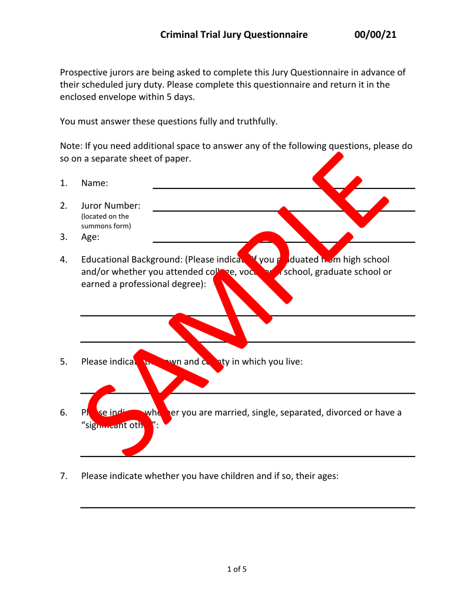 Criminal Trial Jury Questionnaire - Sample - Minnesota, Page 1