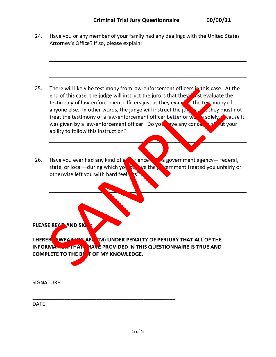 Criminal Trial Jury Questionnaire - Sample - Minnesota, Page 5