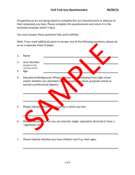 Civil Trial Jury Questionnaire - Sample - Minnesota