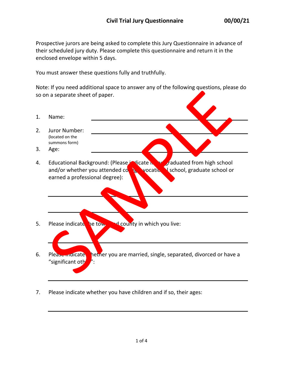 Civil Trial Jury Questionnaire - Sample - Minnesota, Page 1