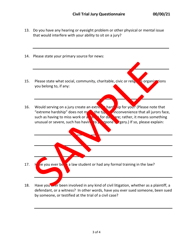 Civil Trial Jury Questionnaire - Sample - Minnesota, Page 3
