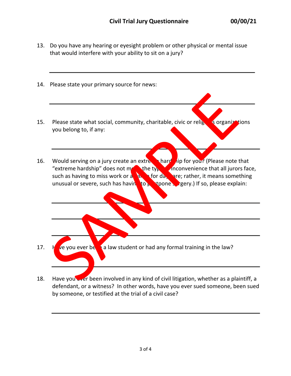Civil Trial Jury Questionnaire - Sample - Minnesota, Page 3
