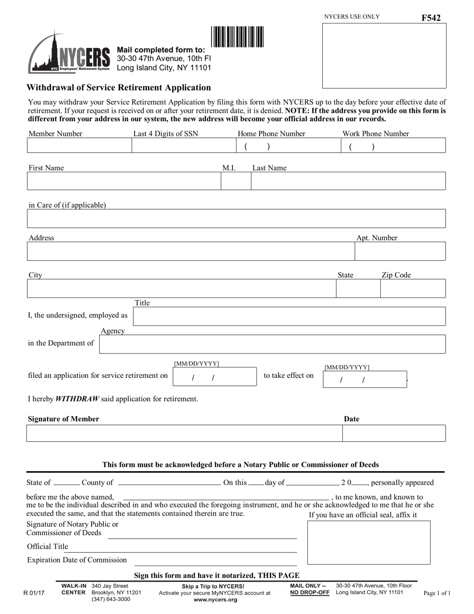Form F542 Withdrawal of Service Retirement Application - New York City, Page 1