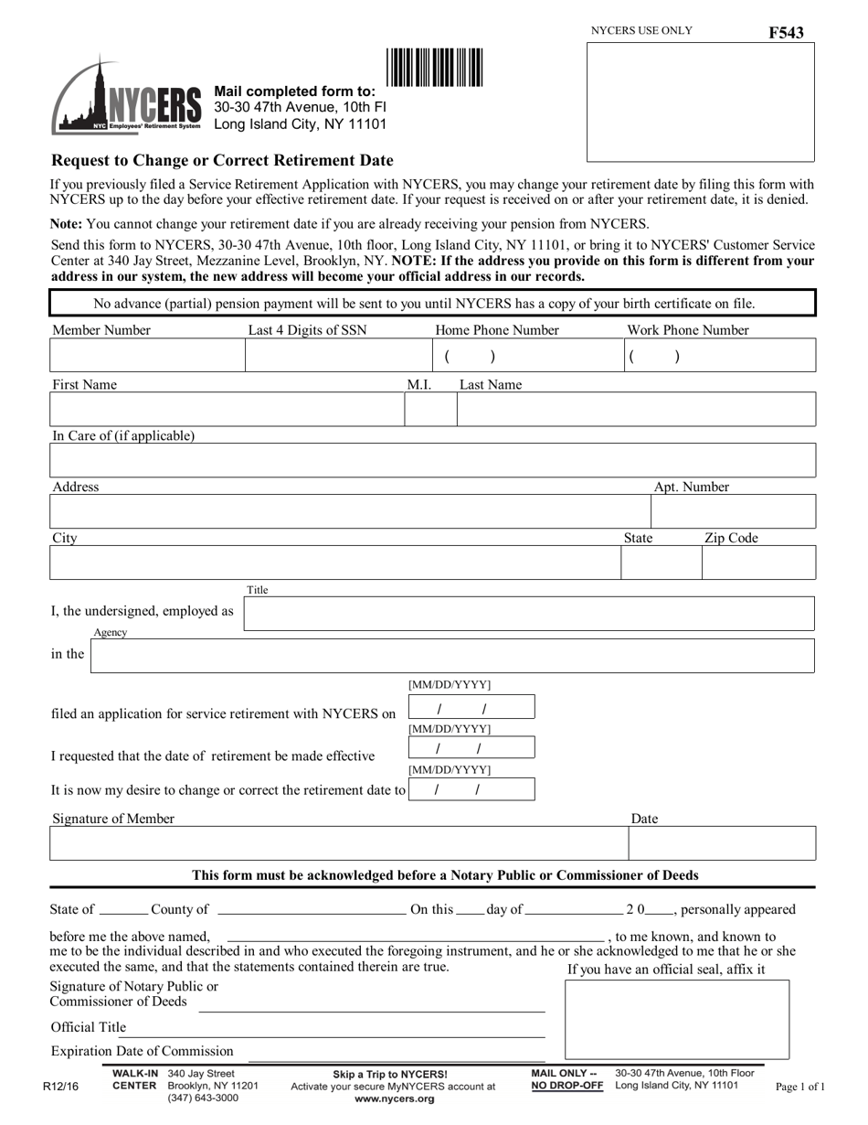 Form F543 Request to Change or Correct Retirement Date - New York City, Page 1