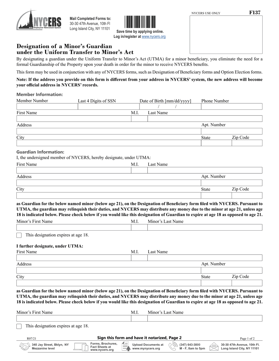 Form F137 Designation of a Minors Guardian Under the Uniform Transfer to Minors Act - New York City, Page 1