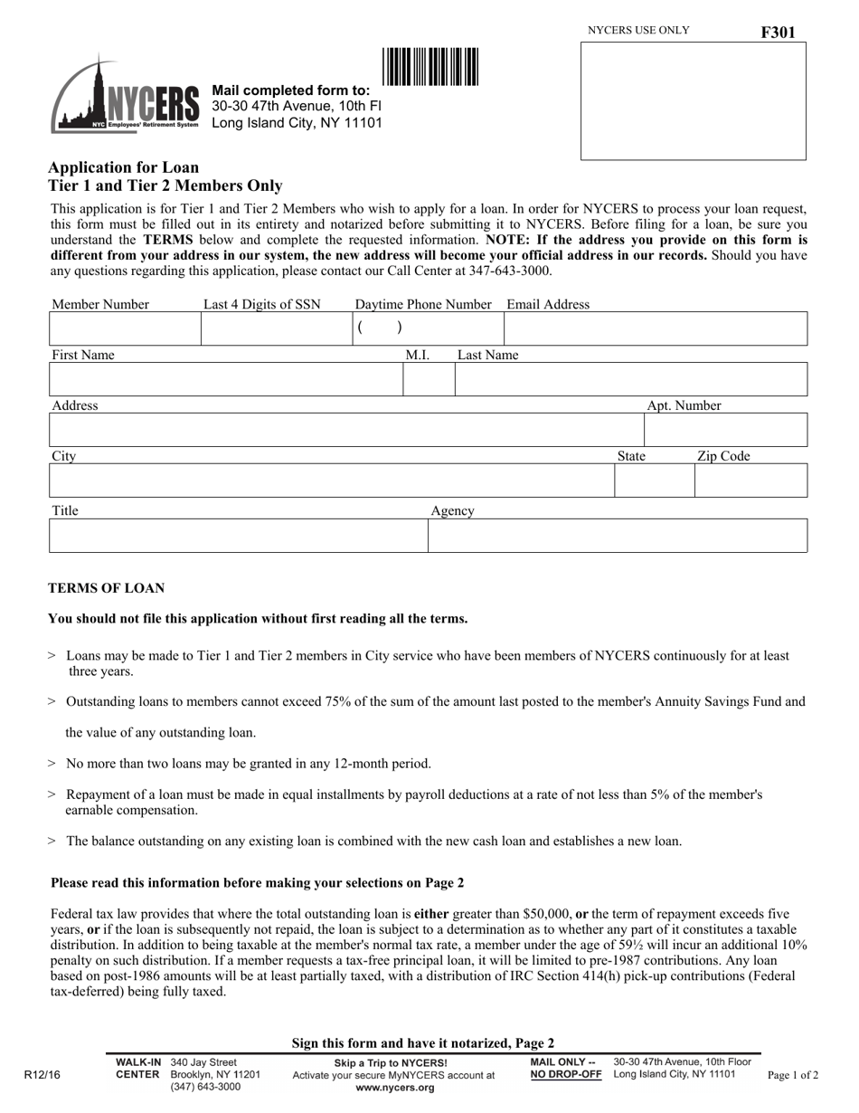 Form F301 Application for Loan Tier 1 and Tier 2 Members Only - New York City, Page 1