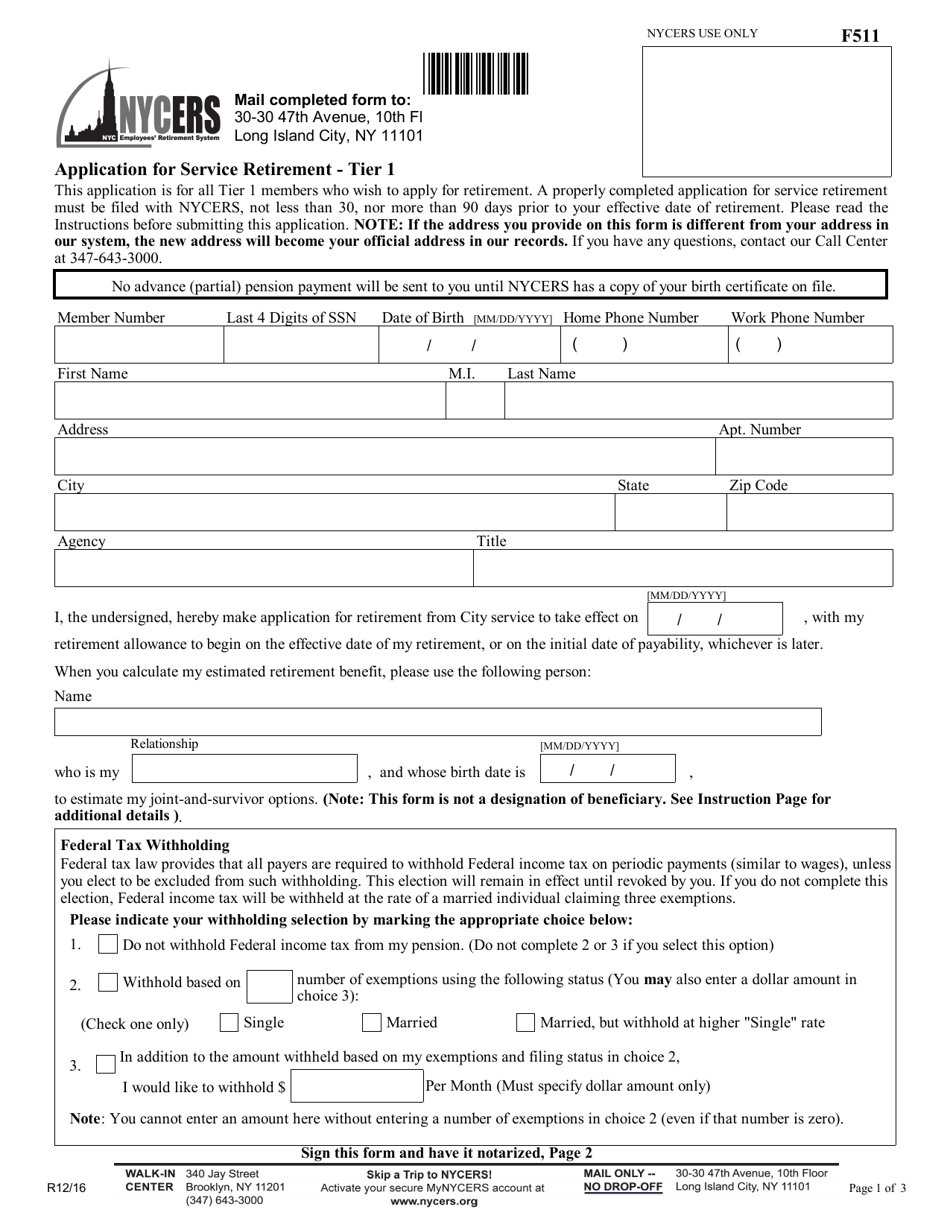 Form F511 Application for Service Retirement - Tier 1 - New York City, Page 1
