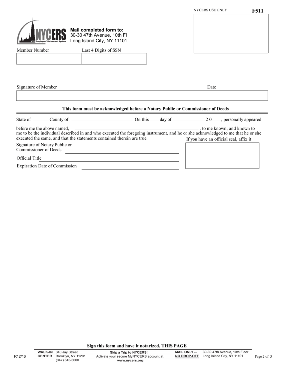 Form F511 Application for Service Retirement - Tier 1 - New York City, Page 2