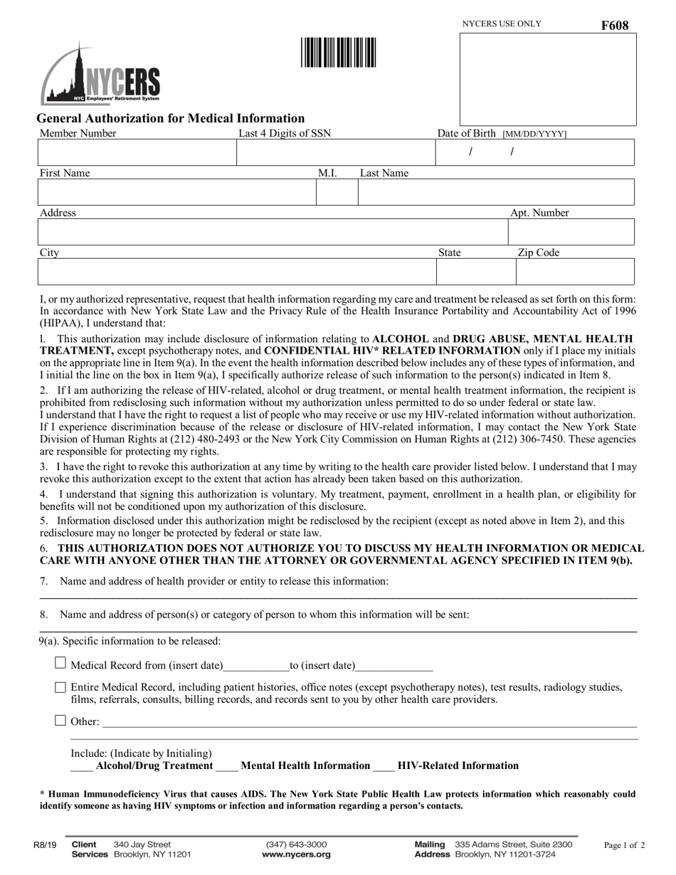 Form F608 General Authorization for Medical Information - New York City, Page 1