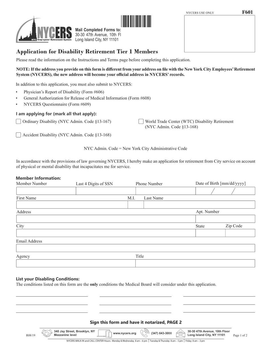 Form F601 Application for Disability Retirement for Tier 1 Members - New York City, Page 1