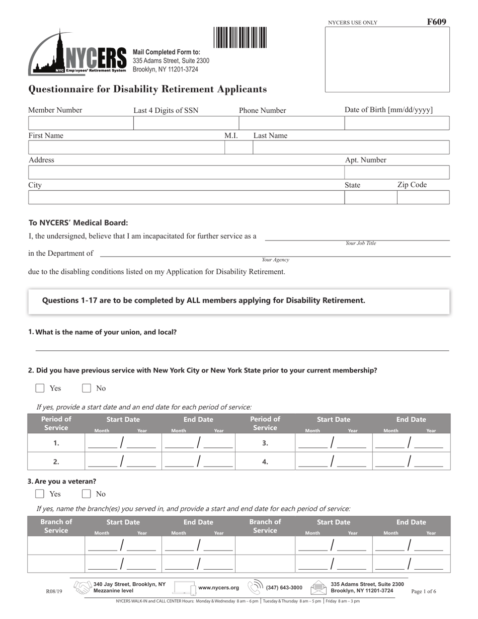 Form F609 Questionnaire for Disability Retirement Applicants - New York City, Page 1