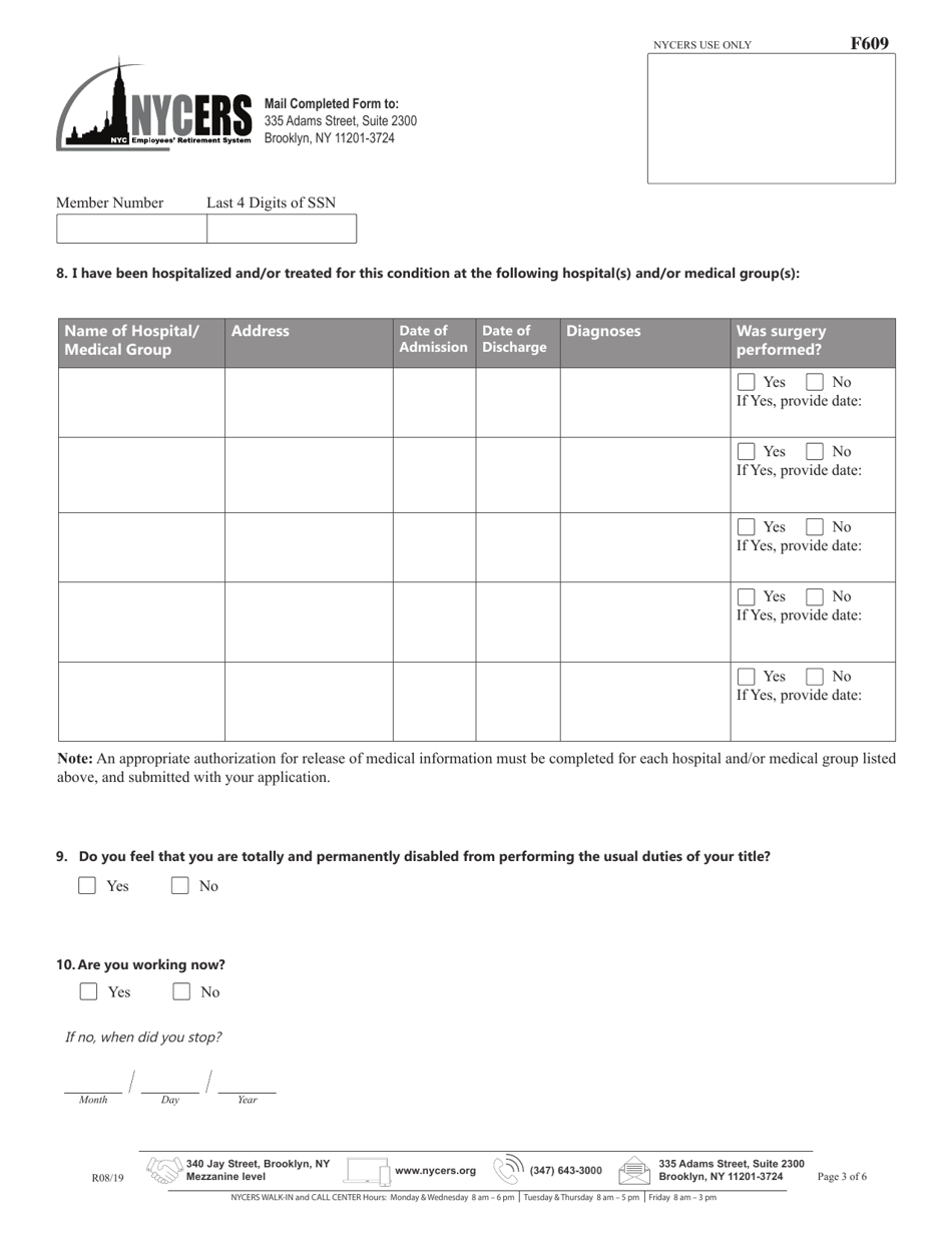 Form F609 Questionnaire for Disability Retirement Applicants - New York City, Page 3