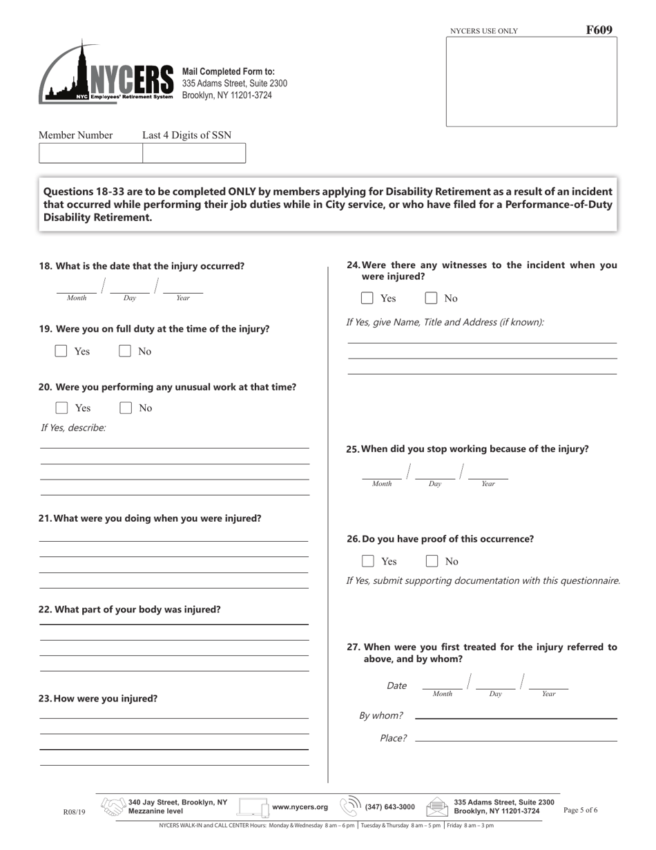 Form F609 Questionnaire for Disability Retirement Applicants - New York City, Page 5