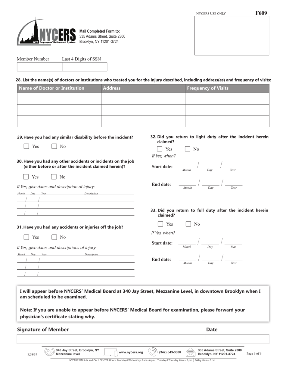 Form F609 Questionnaire for Disability Retirement Applicants - New York City, Page 6