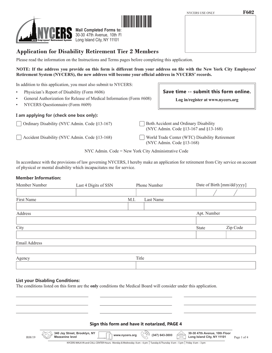Form F602 Application for Disability Retirement - Tier 2 Members - New York City, Page 1