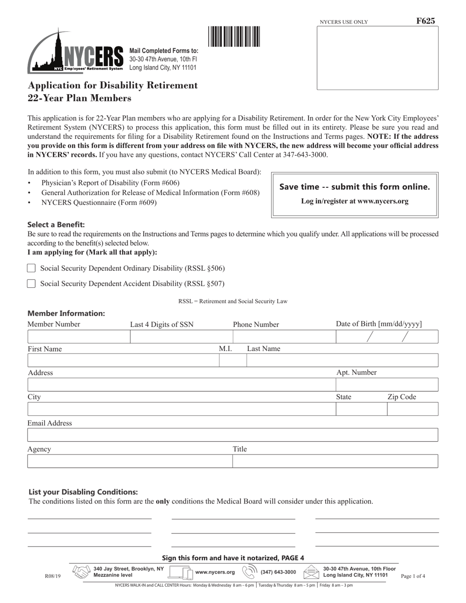 Form F625 Application for Disability Retirement - 22-year Plan Members - New York City, Page 1