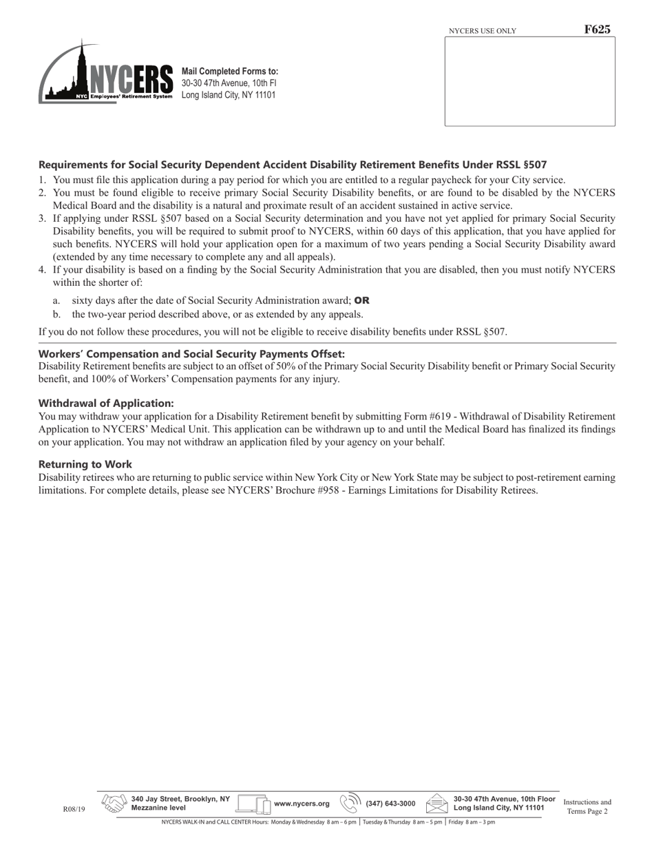 Form F625 Application for Disability Retirement - 22-year Plan Members - New York City, Page 6