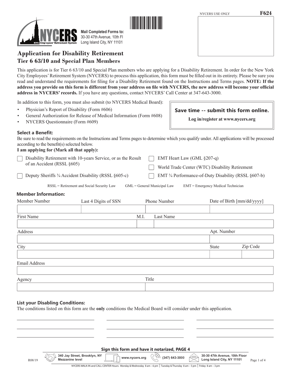 Form F624 Application for Disability Retirement Tier 6 63 / 10 and Special Plan Members - New York City, Page 1
