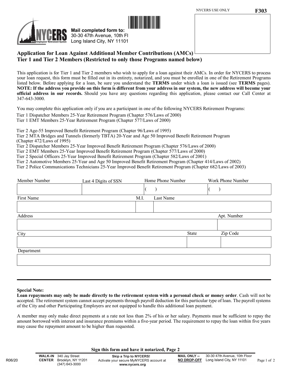 Form F303 Application for Loan Against Additional Member Contributions (Amcs) Tier 1 and Tier 2 Members - New York City, Page 1