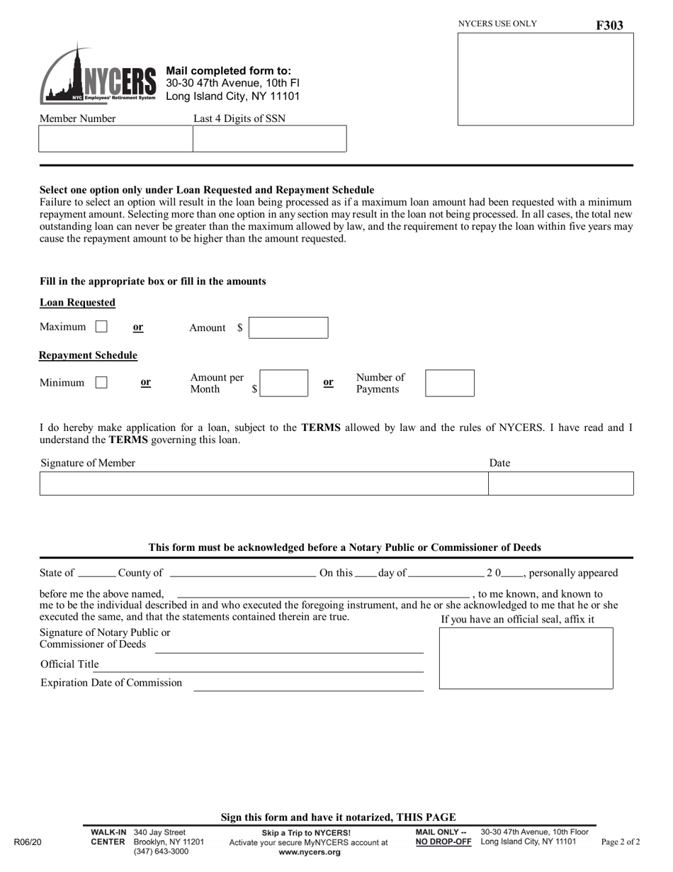 Form F303 Application for Loan Against Additional Member Contributions (Amcs) Tier 1 and Tier 2 Members - New York City, Page 2