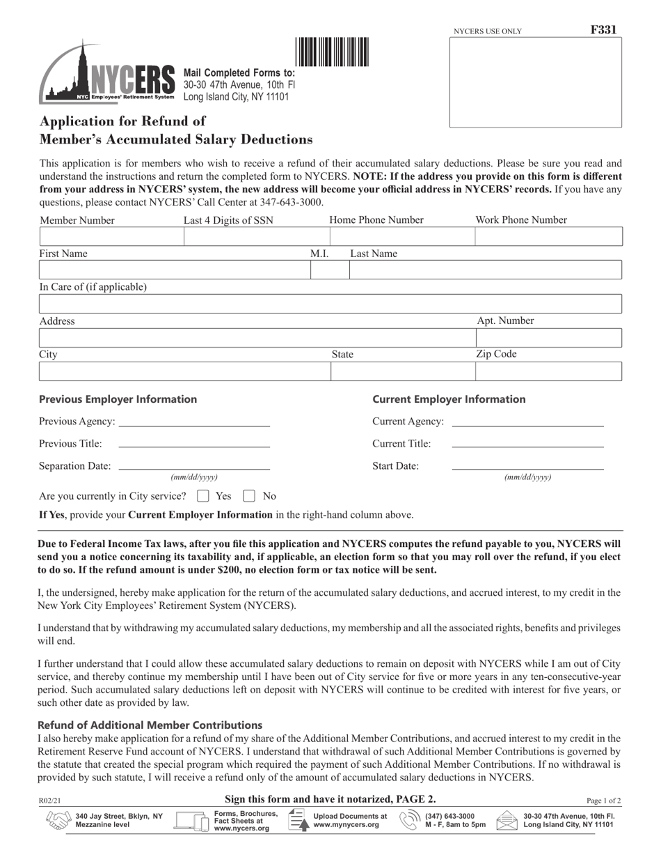 Form F331 Application for Refund of Member's Accumulated Salary Deductions - New York City, Page 1