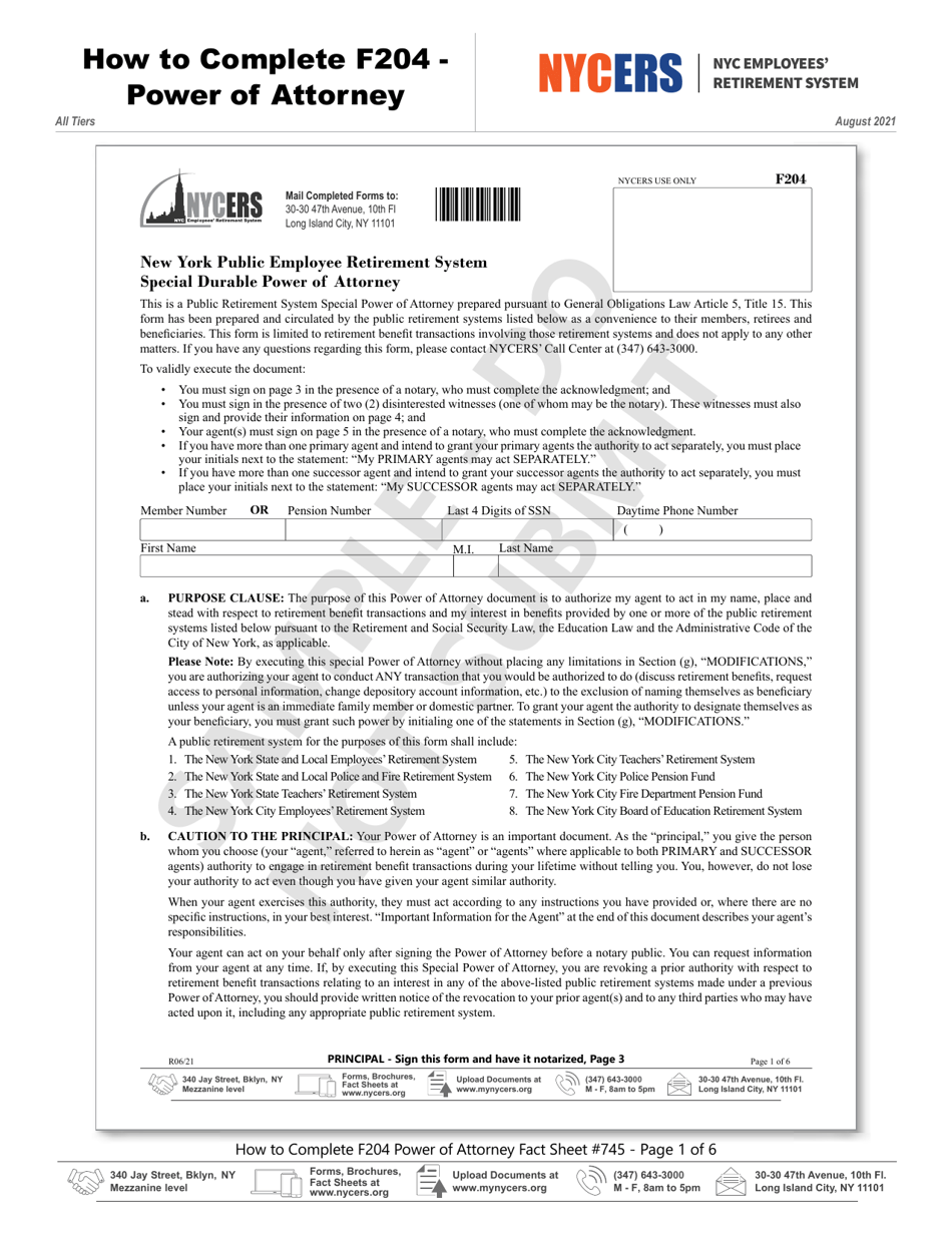 Instructions for Form F204 Special Durable Power of Attorney - New York City, Page 1