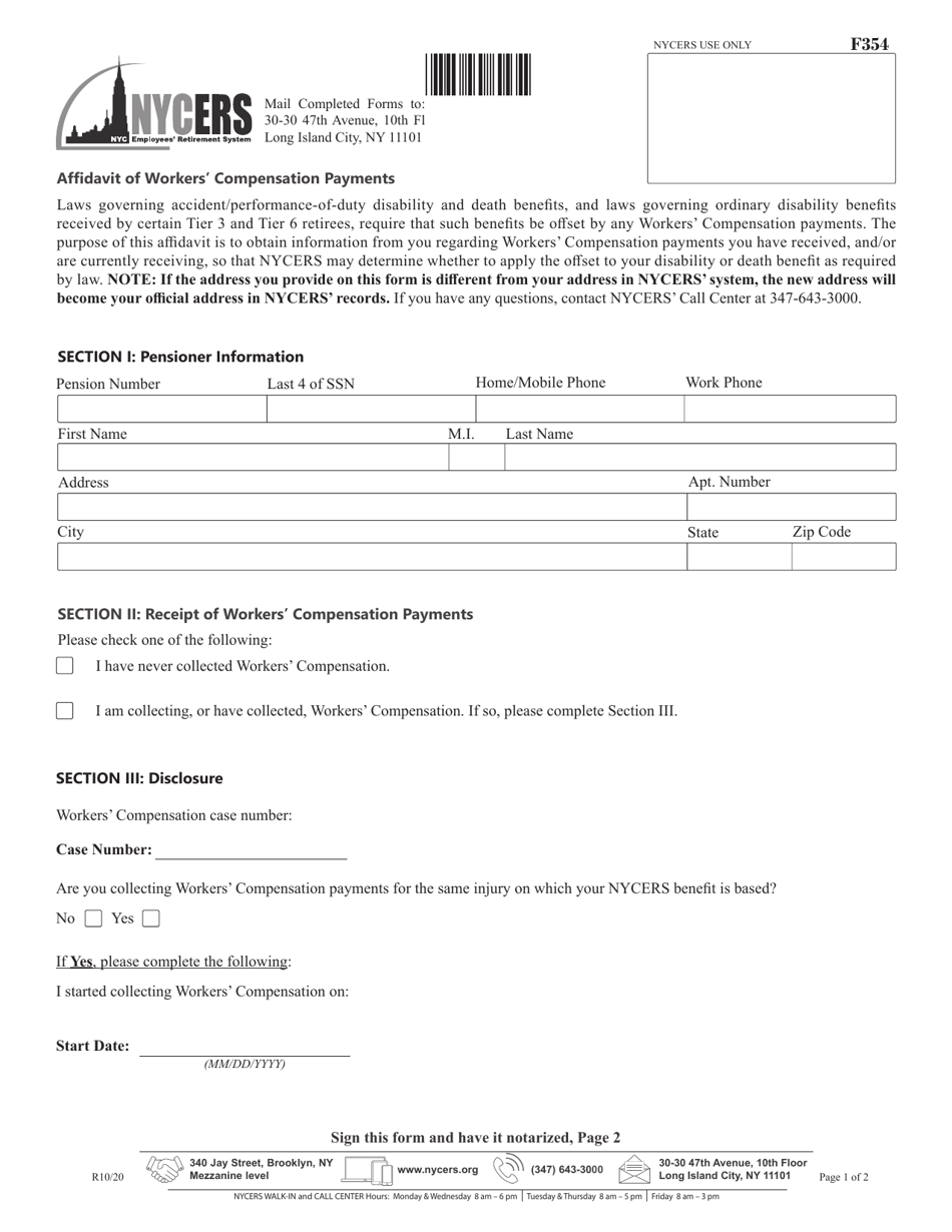 Form F354 Affidavit of Workers Compensation Payments - New York City, Page 1