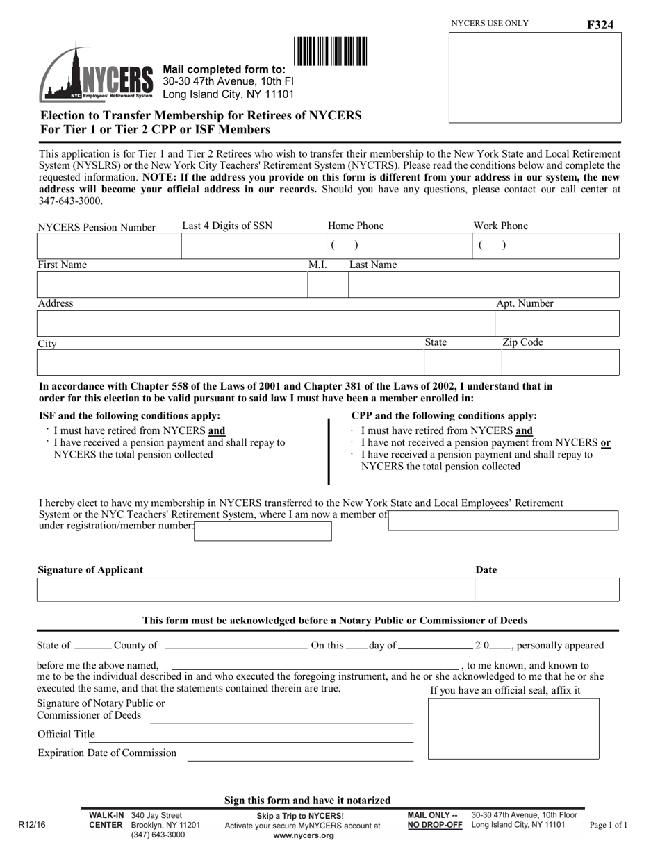 Form F324 Election to Transfer Membership for Retirees of Nycers for Tier 1 or Tier 2 Cpp or Isf Members - New York City, Page 1