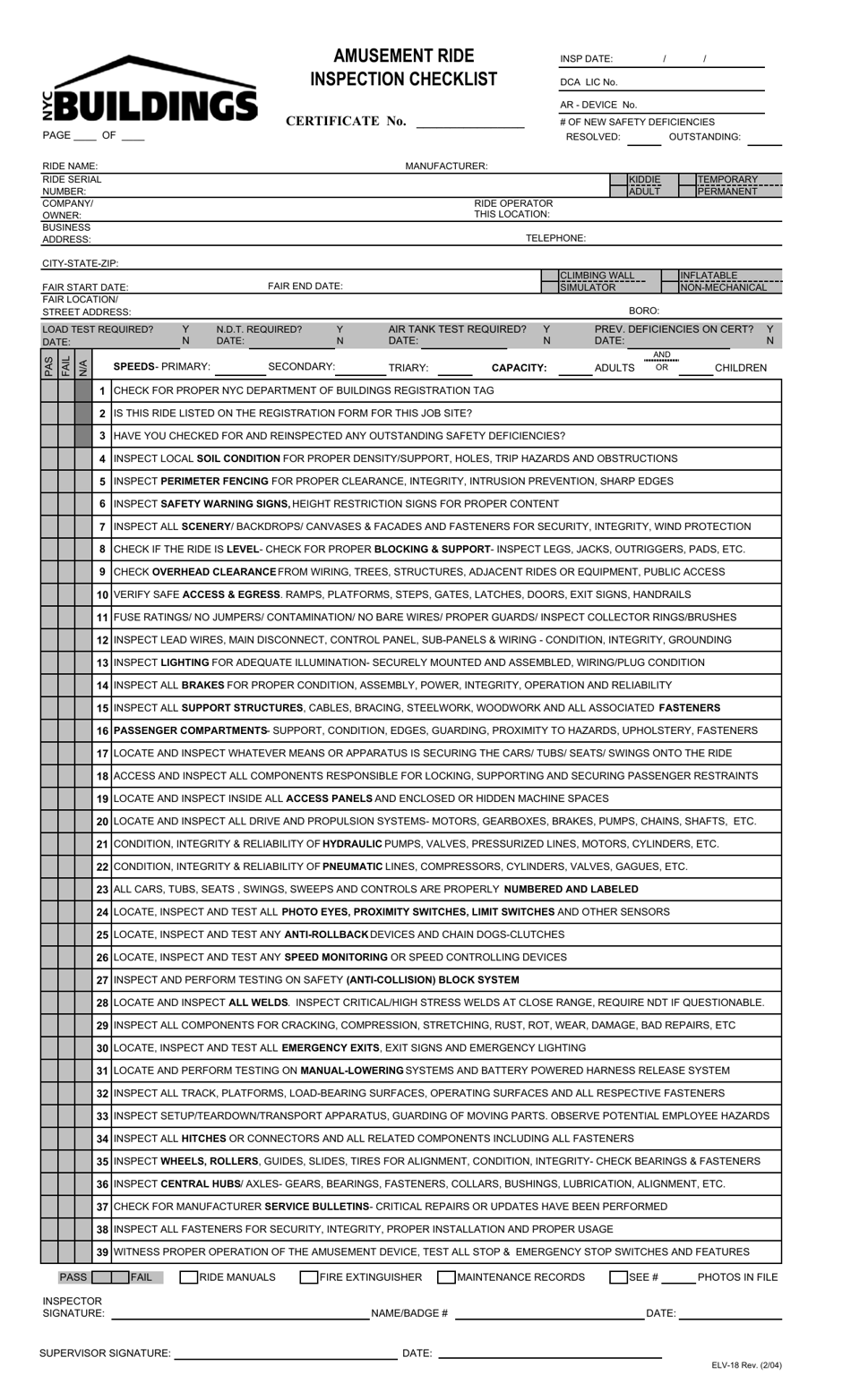 Form ELV-18 Amusement Ride Inspection Checklist - New York City, Page 1