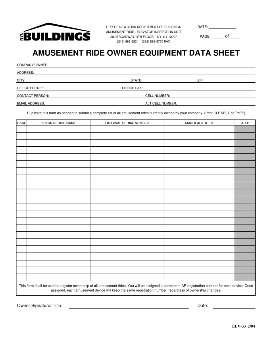 Form ELV-33 Amusement Ride Owner Equipment Data Sheet - New York City, Page 1