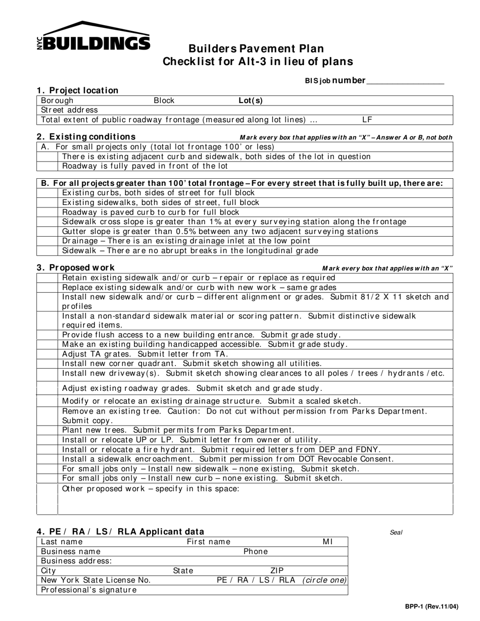 Form BPP-1 Checklist for Alt-3 in Lieu of Plans - Builders Pavement Plan - New York City, Page 1