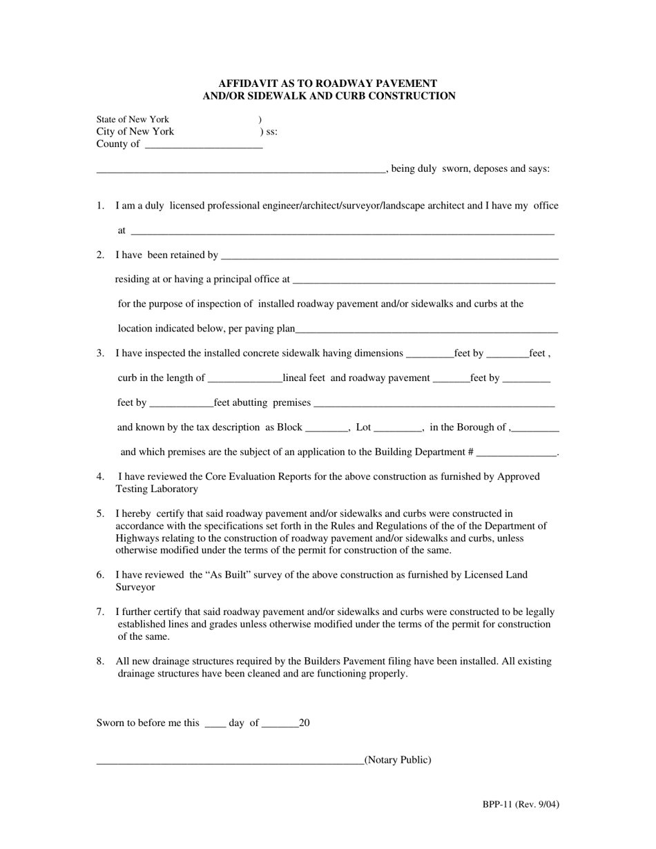 Form BPP-11 Affidavit as to Roadway Pavement and/or Sidewalk and Curb Construction - New York City, Page 1