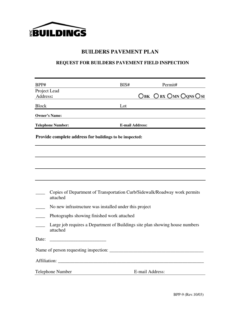 Form BPP-9 Request for Builders Pavement Field Inspection - New York City, Page 1