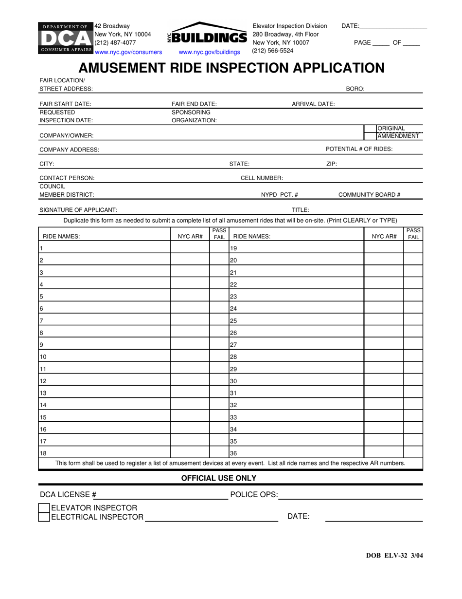 Form ELV-32 Amusement Ride Inspection Application - New York City, Page 1