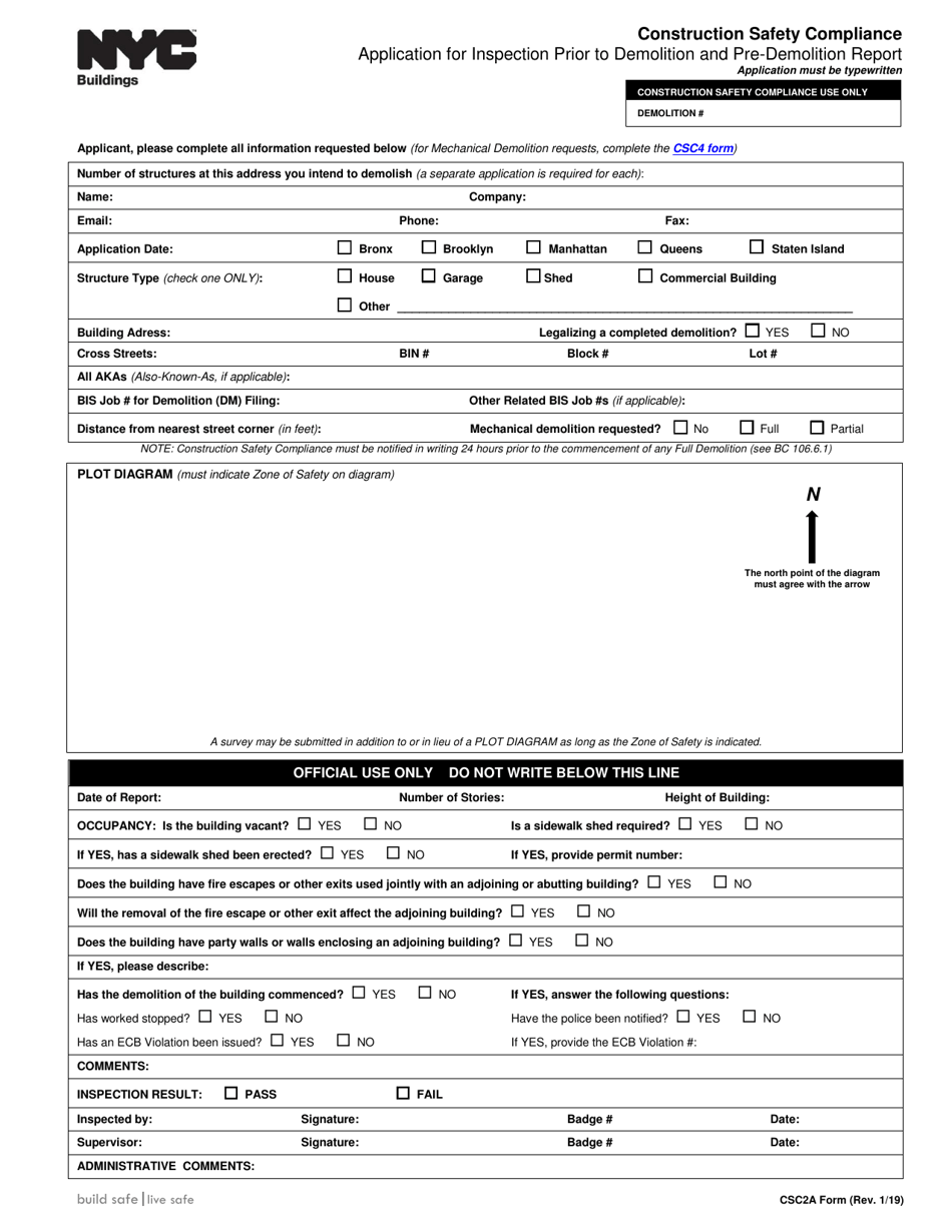 Form CSC2A Application for Inspection Prior to Demolitionand Pre-demolition Report - Construction Safety Compliance - New York City, Page 1