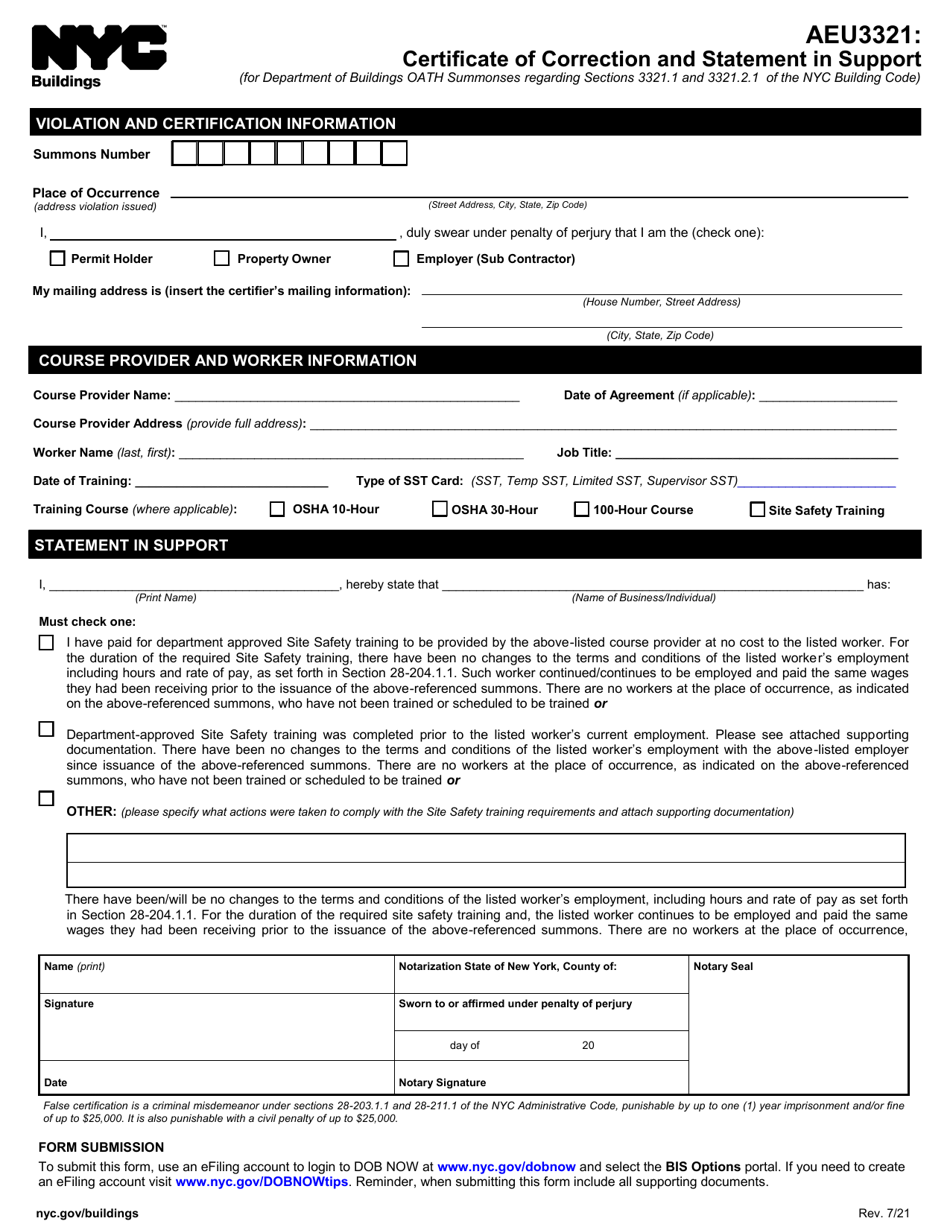 Form AEU3321 Certificate of Correction and Statement in Support - New York City, Page 1