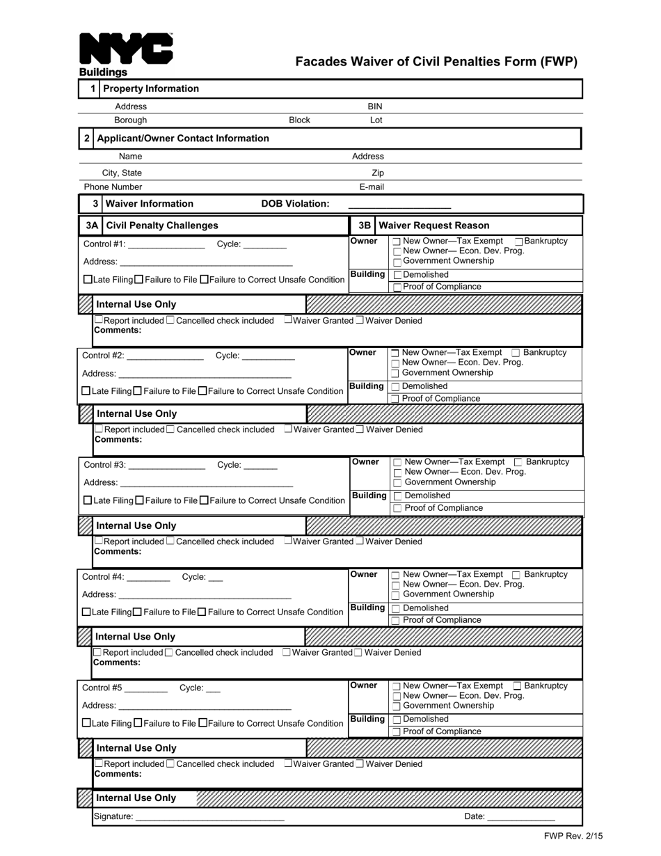 Form FWP Facades Waiver of Civil Penalties Form - New York City, Page 1