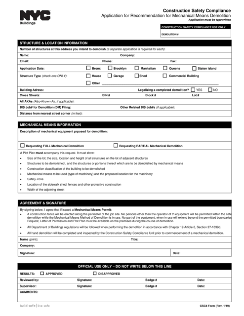 Form CSC4 Application for Recommendation for Mechanical Means Demolition - New York City
