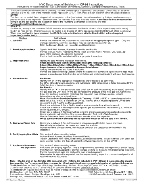 Instructions for Form OP-98 Notice/Results - Self-certification of Plumbing, Sprinkler, Standpipe Inspection(S) & Test(S) - New York City