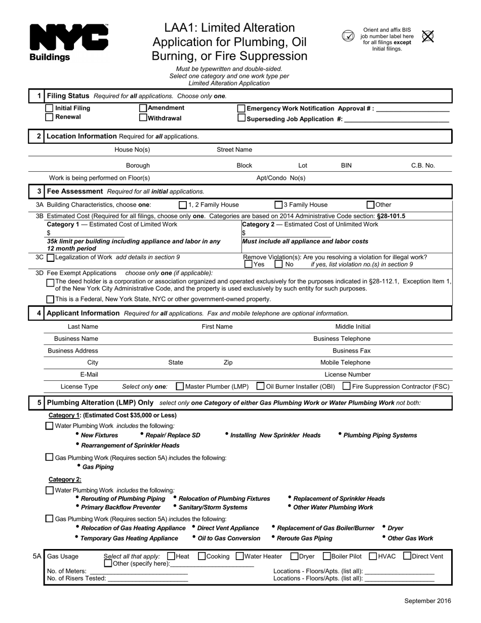 Form LAA1 Limited Alteration Application for Plumbing, Oil Burning, or Fire Suppression - New York City, Page 1