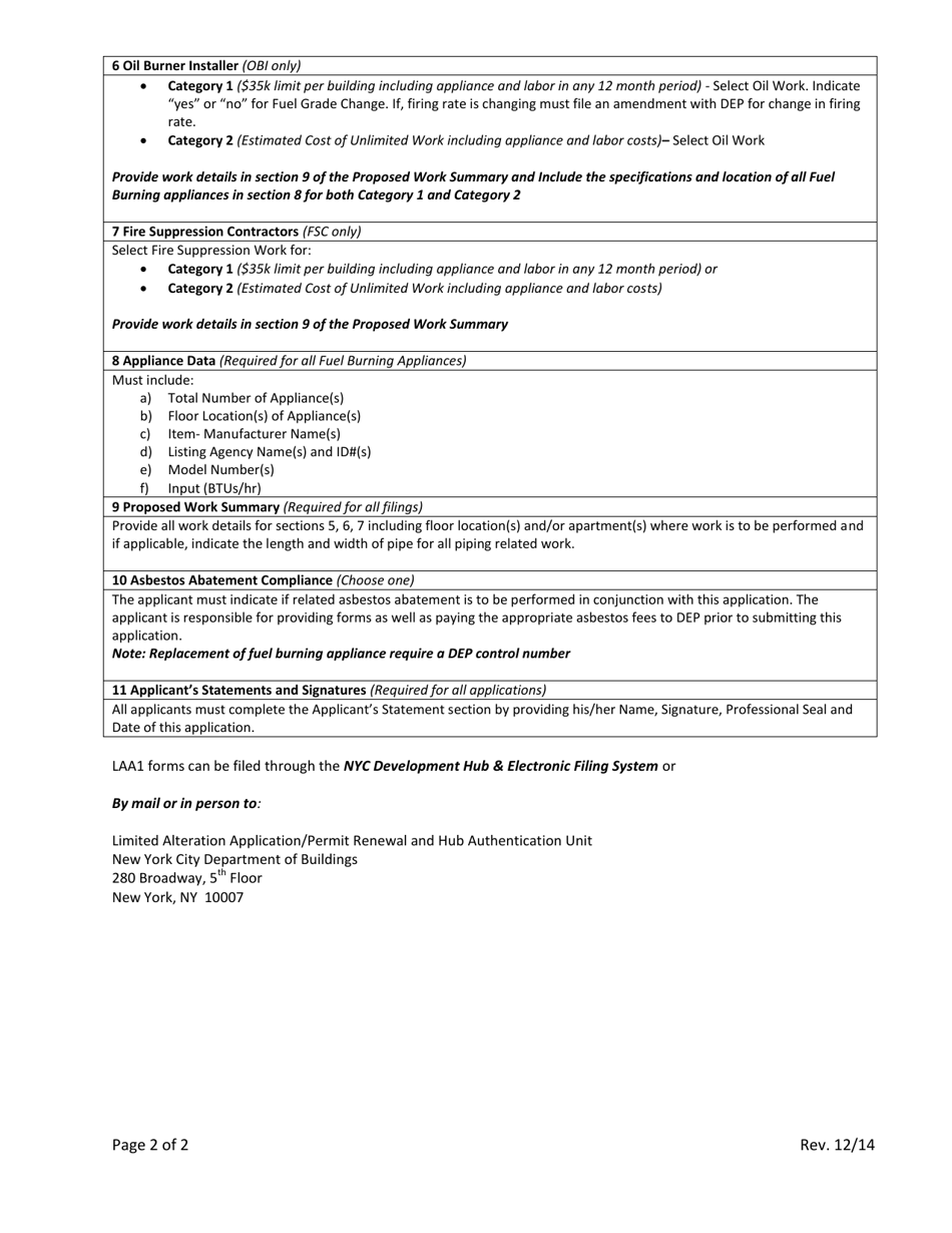 Instructions for Form LAA1 Limited Alteration Application for Plumbing, Oil Burning, or Fire Suppression - New York City, Page 2