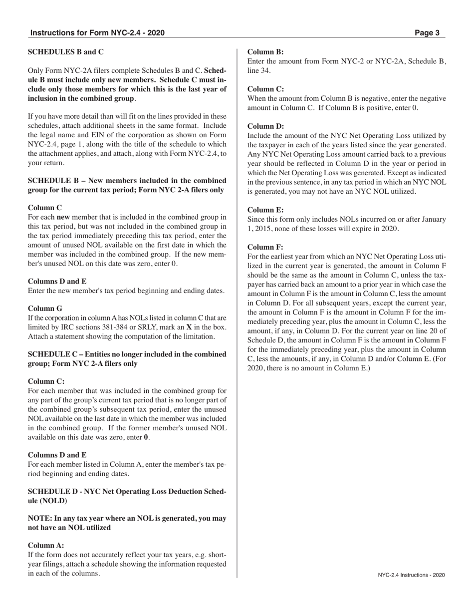 Instructions for Form NYC-2.4 Net Operating Loss Deduction (Nold) - New York City, Page 3