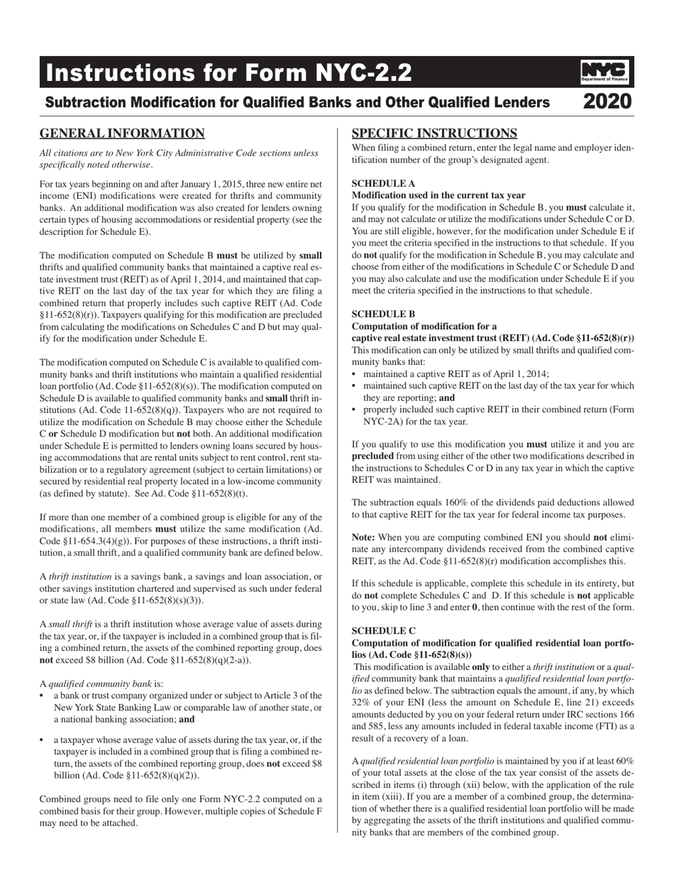 Instructions for Form NYC-2.2 Subtraction Modification for Qualified Banks and Other Qualified Lenders - New York City, Page 1