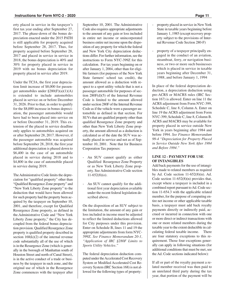 Instructions for Form NYC-2 Business Corporation Tax Return - New York City, Page 11